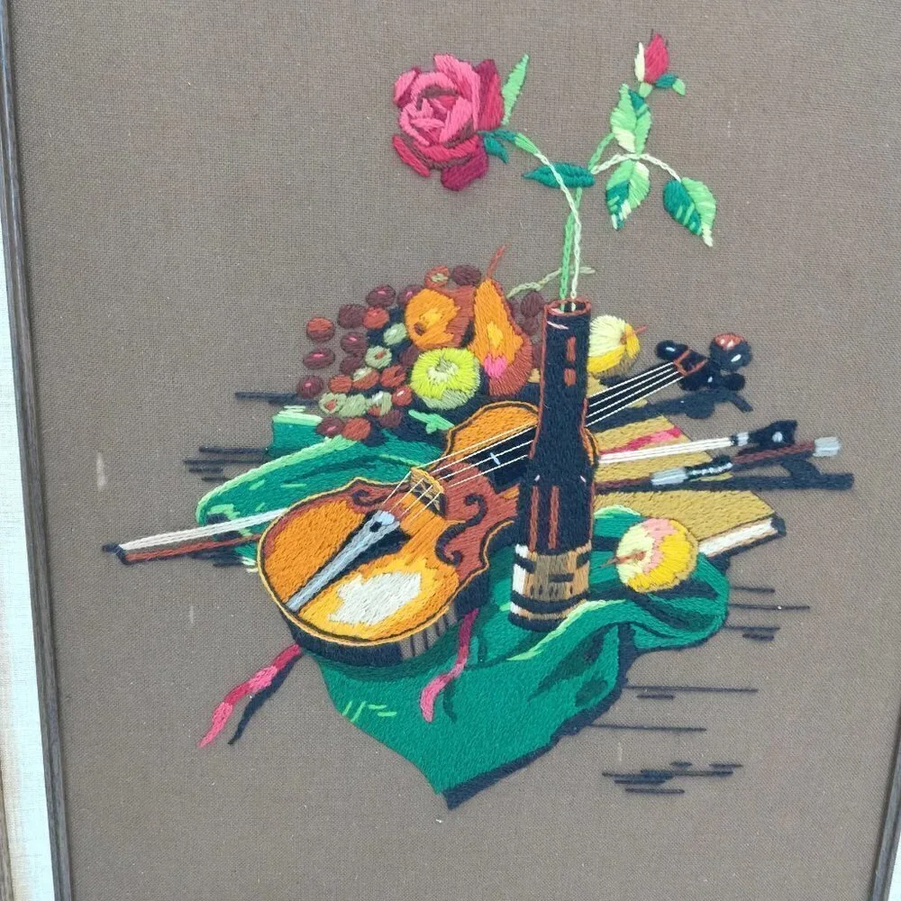Vintage Completed Crewel Embroidery Picture Violin Rose Fruit Wine Romantic 70s